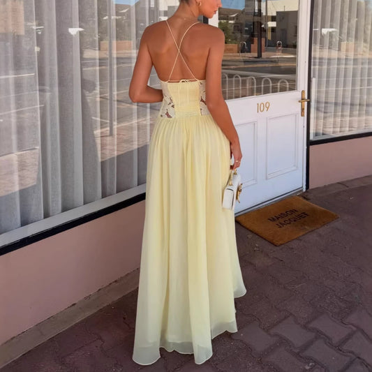 Cream Floral Lace Cross Back Long Dress