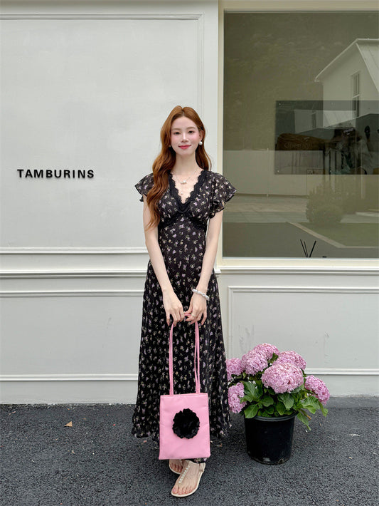 Floral Print Lace Neckline Flutter Sleeve Dress