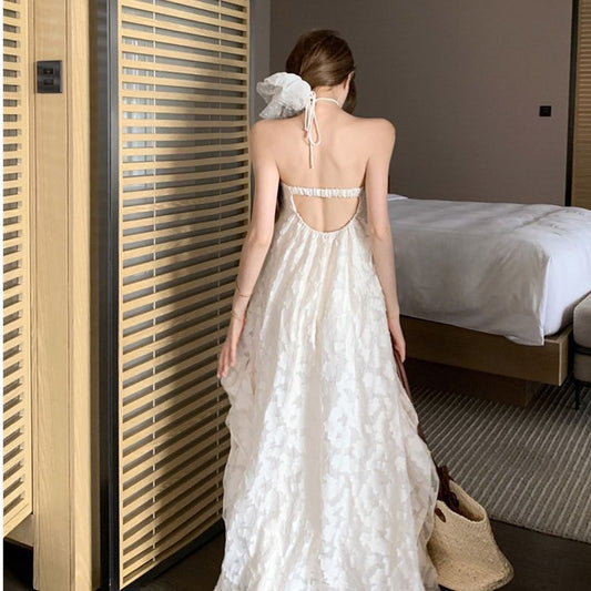 Backless Jacquard Midi Dress with Chest Pad