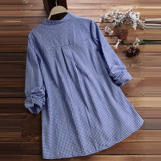 Plaid Stand Collar Pullover Shirt Long Sleeve Top