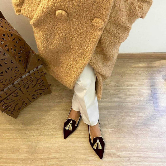Low Heel Pointed Tassel Slip On Shoes