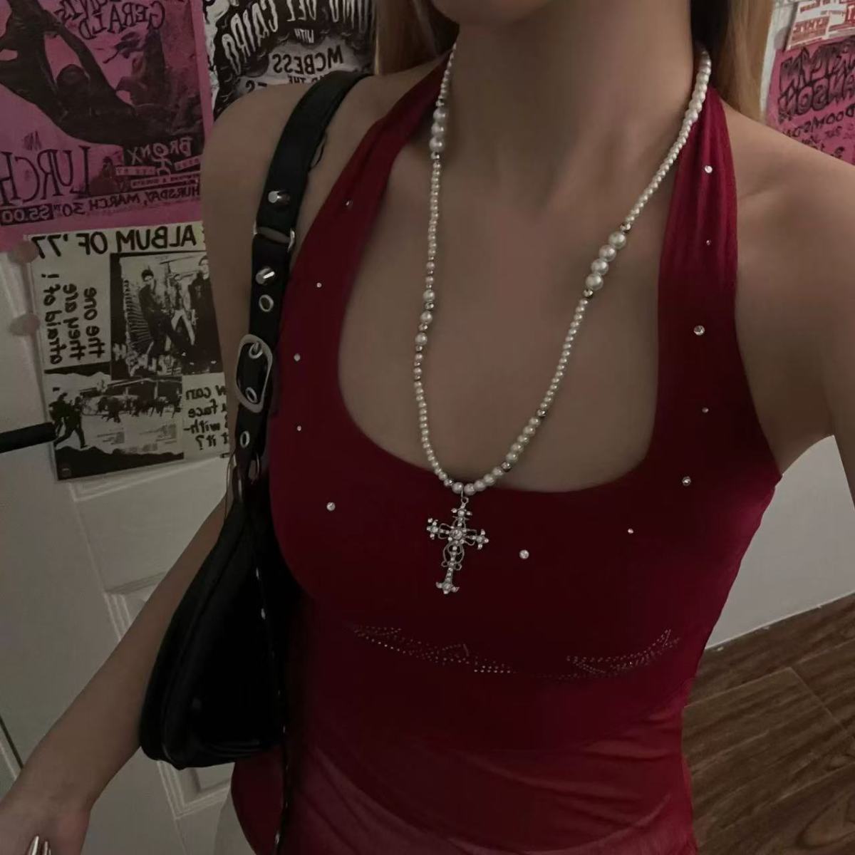 Cross Stacked Pearl Necklace Long Layered Alloy Clavicle Chain Jewelry