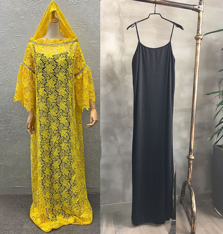 African Lace Loose Plus Size Gown Dress Trumpet Sleeve Fashion Dress with Turban