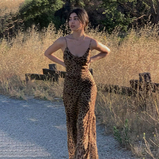 Women's Leopard Print Open Back Long Dress Drip Depot