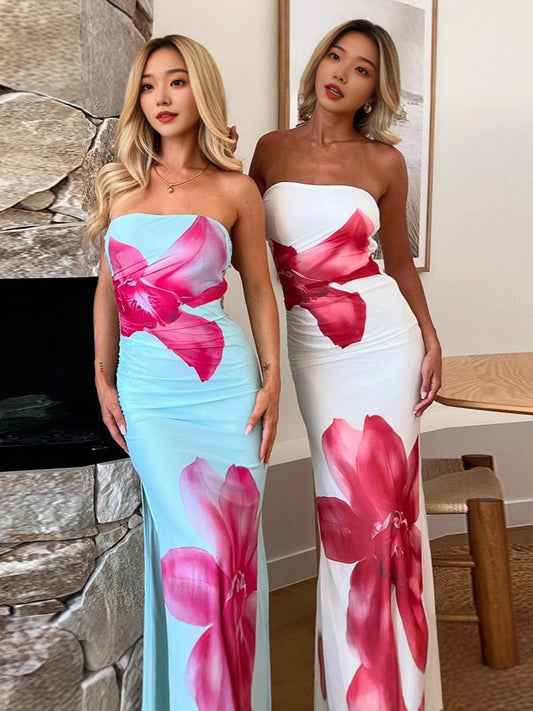 Elegant Slim Fit Floral Print Tube Dress Drip Depot