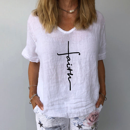 Short Sleeve Printed Cotton Linen Shirt