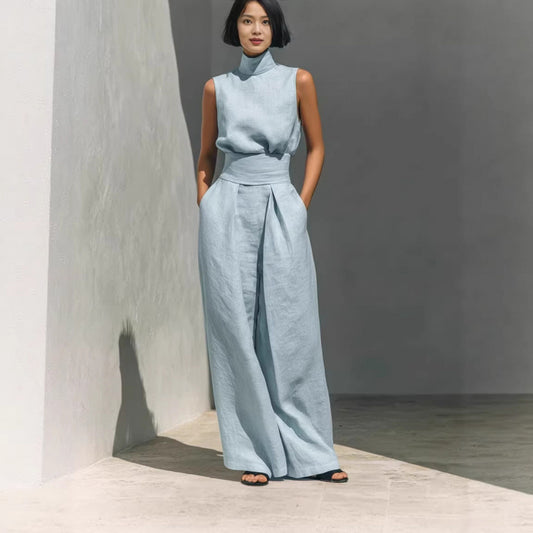 Cotton and Linen Sleeveless Long Pants Casual Set for Women