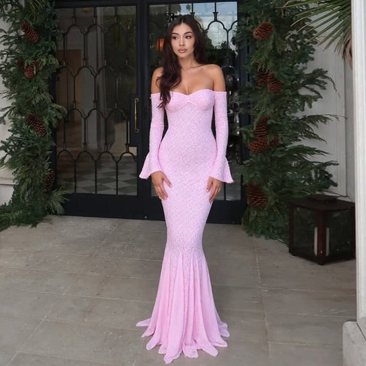 Off-Shoulder Lace Trim Mermaid Dress