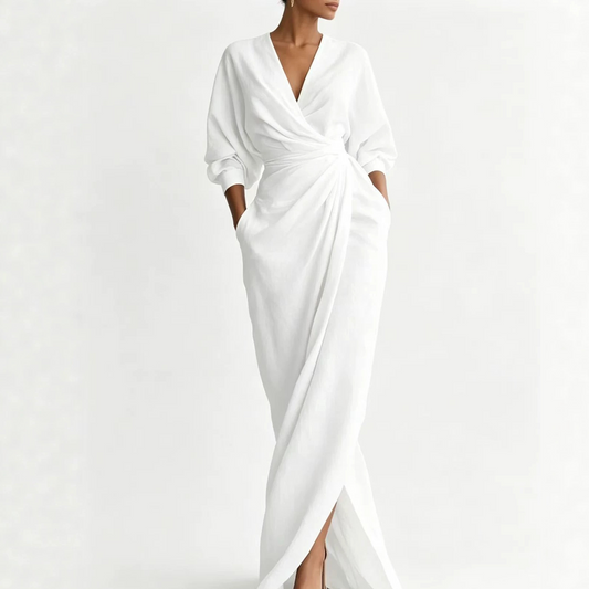 Solid Color V-Neck Long Sleeve Dress