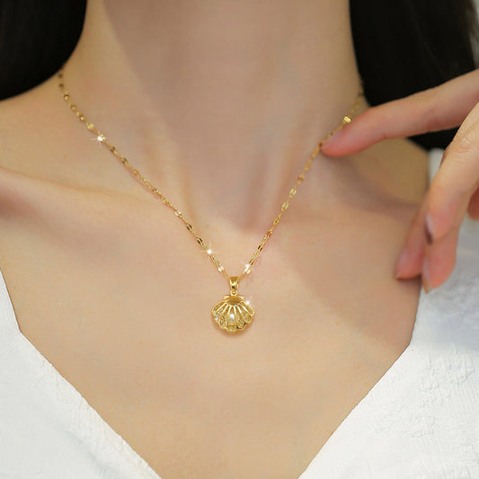 Titanium Steel Diamond Micro Zircon Hollow Shell Pearl Necklace