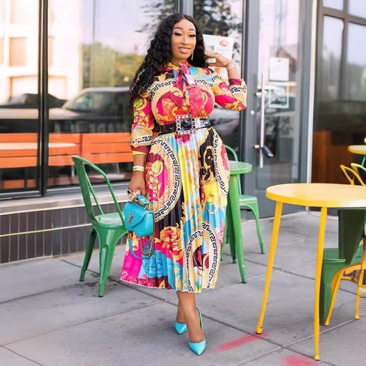 African print long dress in large size with a bow-shaped collar and three-quarter sleeves