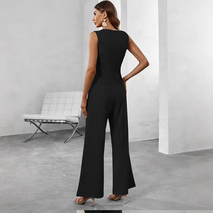 V-Neck Sleeveless High-Waisted Button Pants Suit