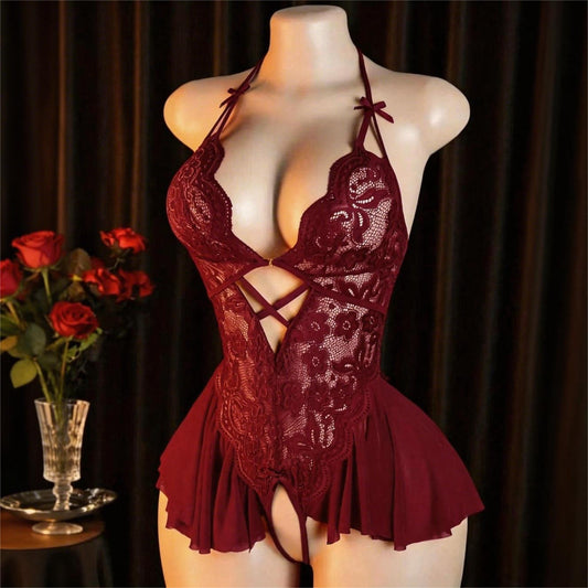 Sheer Lace Nightgown with Open Crotch