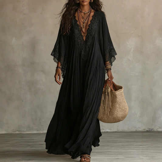 Lace Patchwork V-Neck Long Dress