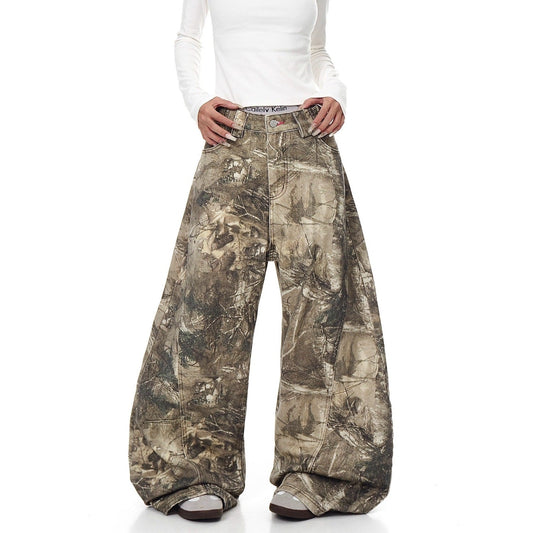 American Street Letter Embroidery Branch Camouflage Jeans for Men and Women Drip Depot