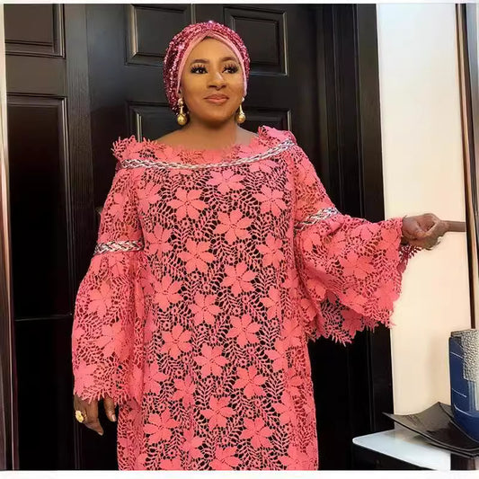 African Lace Loose Plus Size Gown Dress Trumpet Sleeve Fashion Dress with Turban