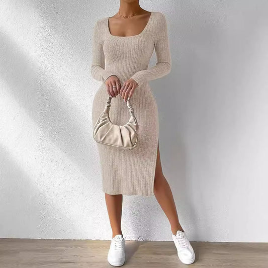 Women's Solid Color Polyester Dress with Square Collar