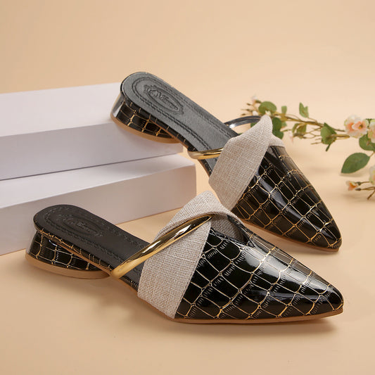 Womens Pointed Toe V-Mouth Slippers with Thick Heel