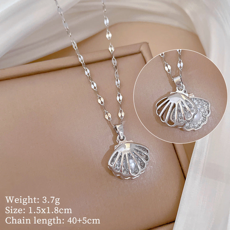 Titanium Steel Diamond Micro Zircon Hollow Shell Pearl Necklace