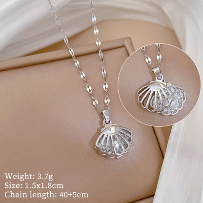 Titanium Steel Diamond Micro Zircon Hollow Shell Pearl Necklace