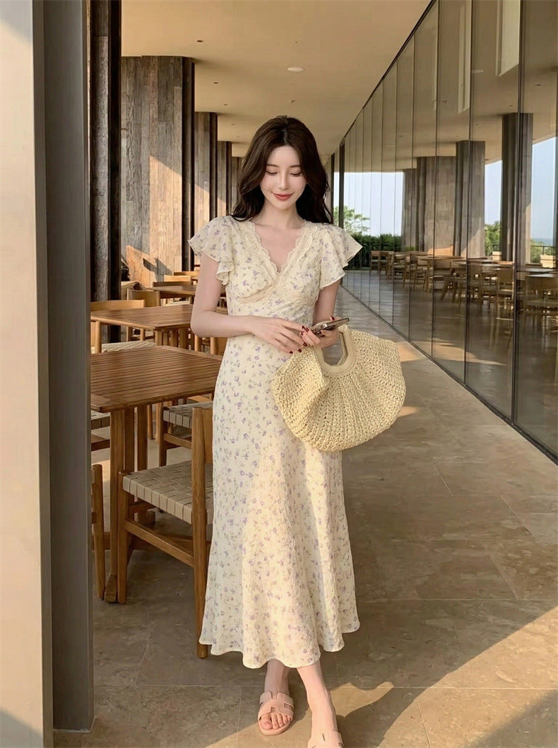 Floral Print Lace Neckline Flutter Sleeve Dress