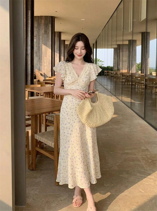 Floral Print Lace Neckline Flutter Sleeve Dress