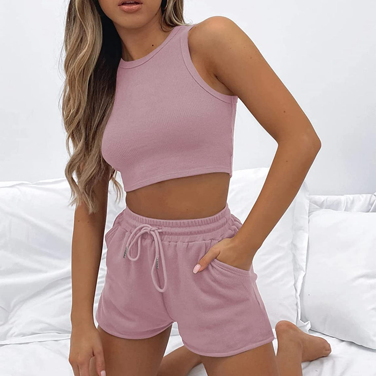 Sleeveless Waffle Vest and Shorts Set