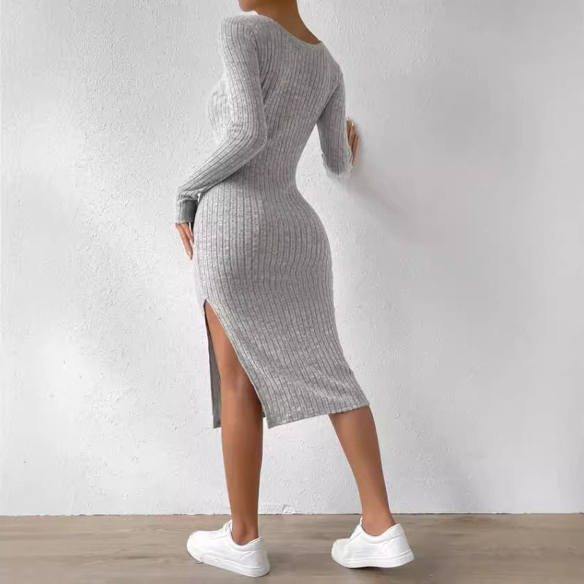 Women's Solid Color Polyester Dress with Square Collar