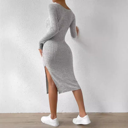 Women's Solid Color Polyester Dress with Square Collar