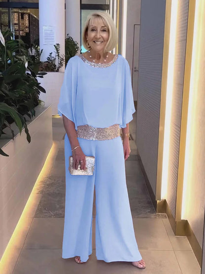 Sequin Bat Sleeve Shirt and Wide Leg Pants Set