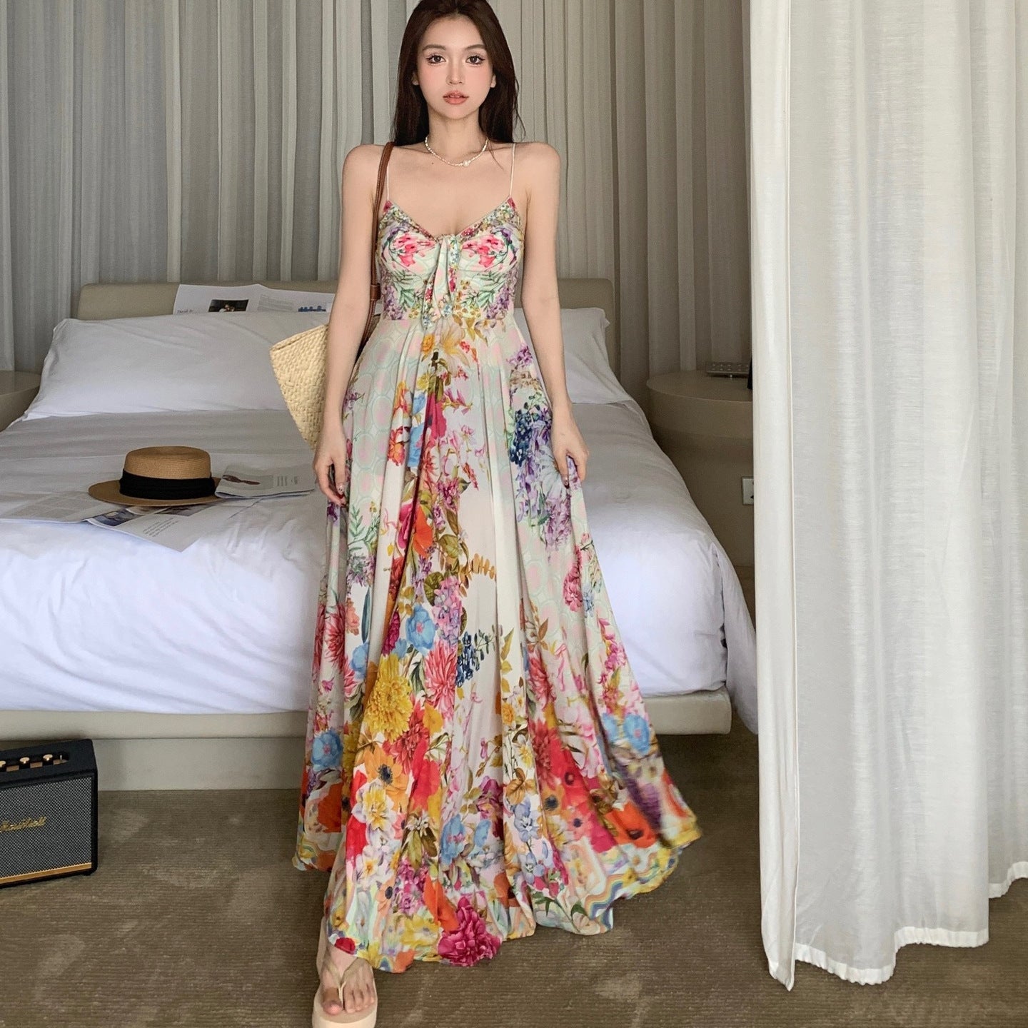 Floral Print Off-Shoulder Backless Maxi Dress