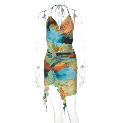 printing sexy backless lace dress