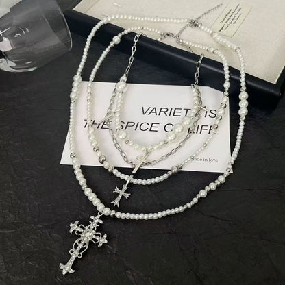 Cross Stacked Pearl Necklace  Long Layered Alloy Clavicle Chain Jewelry