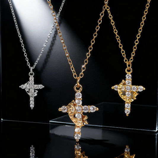 Rotating Cross Diamond Crown Necklace for Women