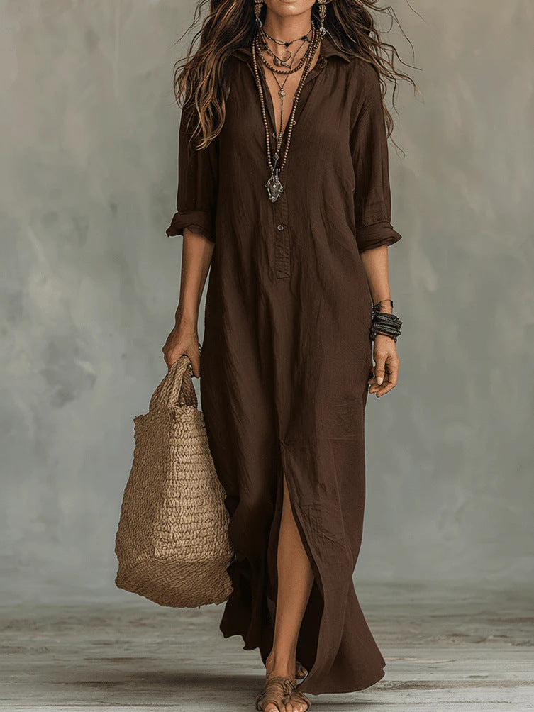 Womens Casual Solid Color V-Neck Slit Dress