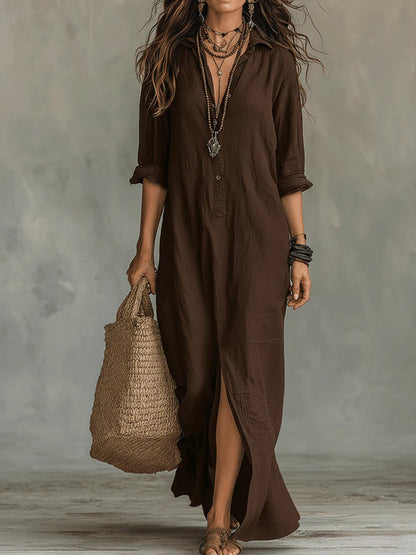 Womens Casual Solid Color V-Neck Slit Dress