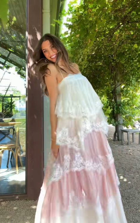 Lace Patchwork Backless Tiered Dress