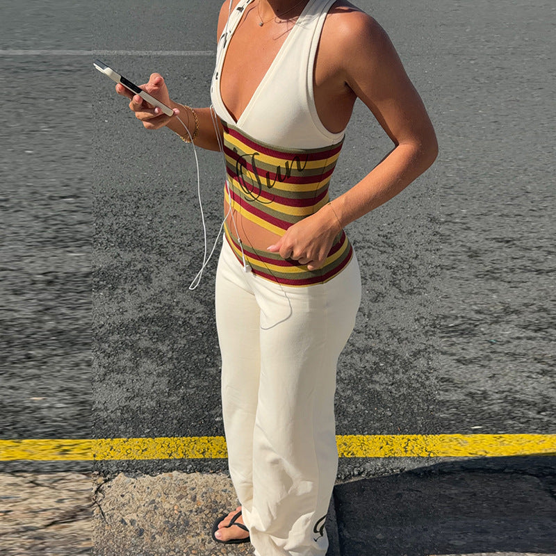 Striped Crop Top and Flared Pants Set