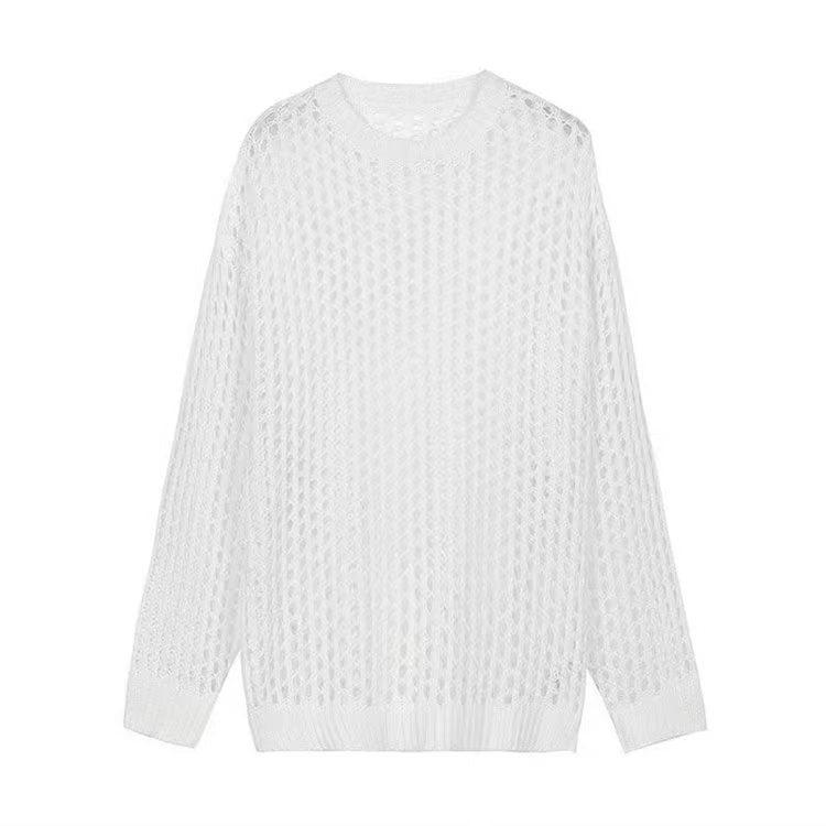 Hollow Loose Knitwear Mesh Round Neck Tops