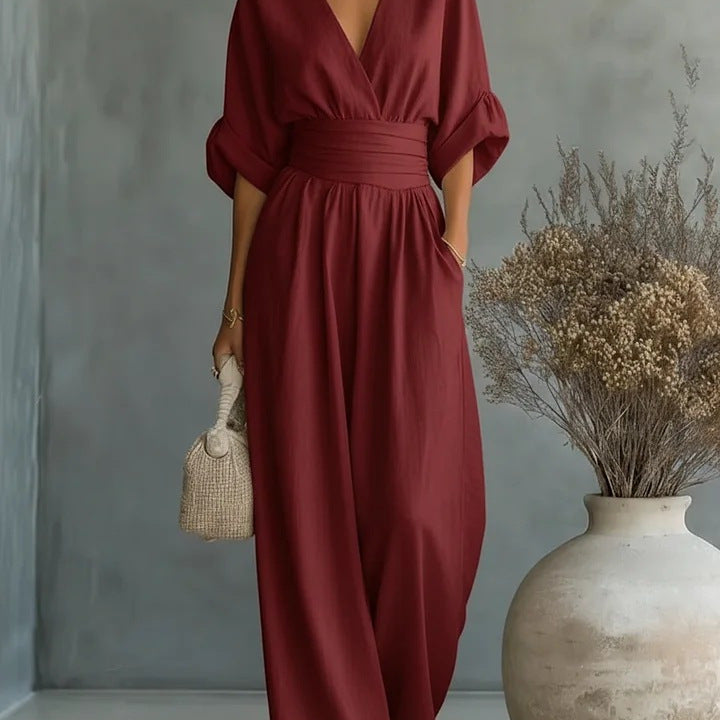 Elegant V-Neck Wide Leg Jumpsuit