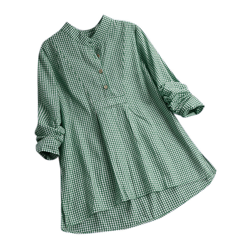 Plaid Stand Collar Pullover Shirt Long Sleeve  Top