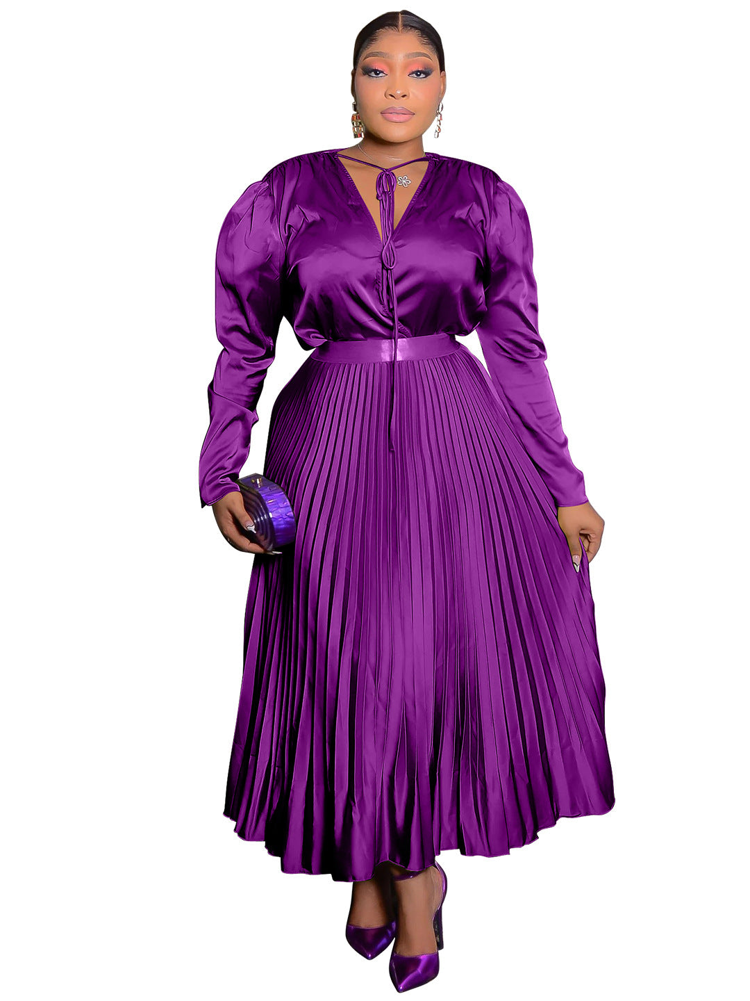 Plus Size Long Sleeve Pleated Skirt Suit with Lace-Up Detail