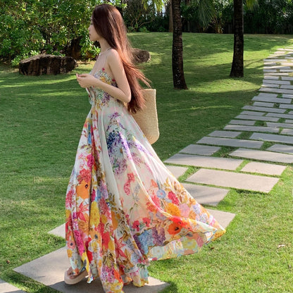 Floral Print Off-Shoulder Backless Maxi Dress