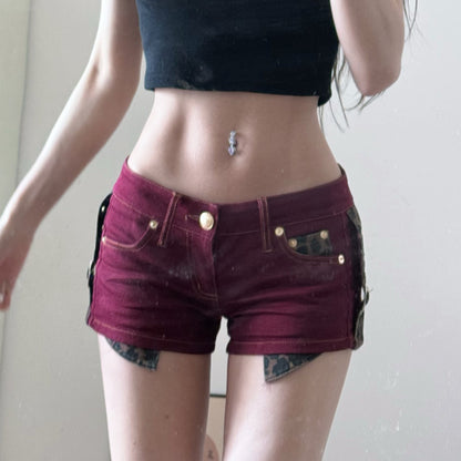 Low Waist Denim Shorts with Leopard Print