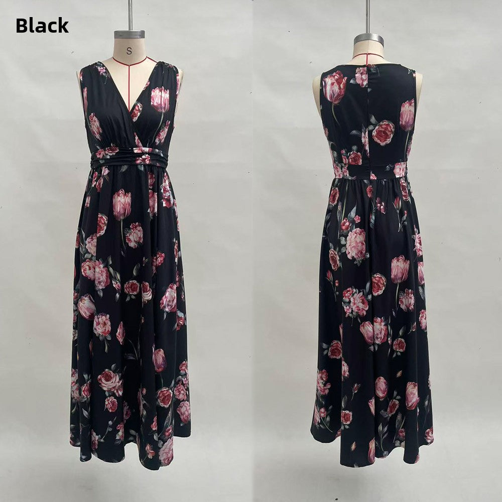Floral Print V-Neck Sleeveless Long Dress