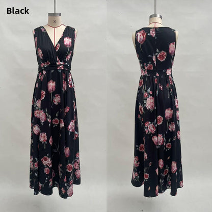 Floral Print V-Neck Sleeveless Long Dress