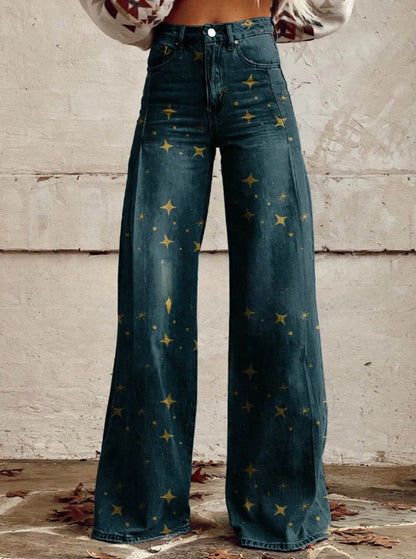 Digital Printed Five-Pointed Star Faux Denim Wide-Leg Pants, 3D Flared Trousers