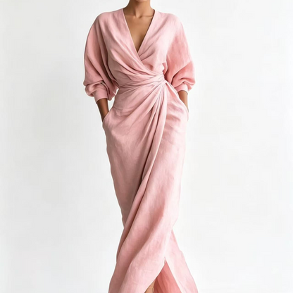 Solid Color V-Neck Long Sleeve Dress