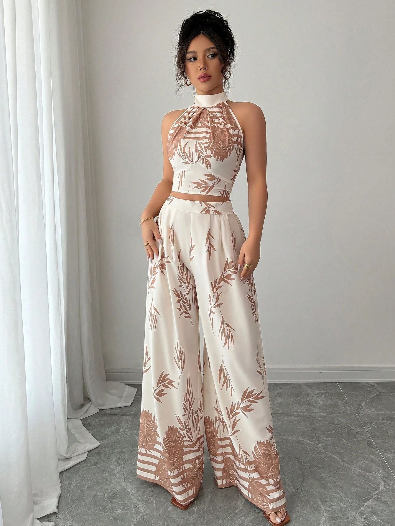 Halter Neck Tank Top and Wide-Leg Pants Set