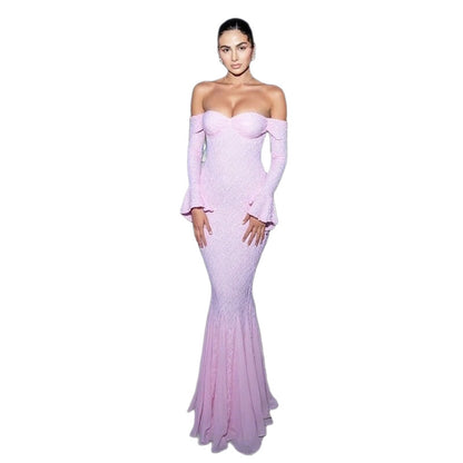 Off-Shoulder Lace Trim Mermaid Dress